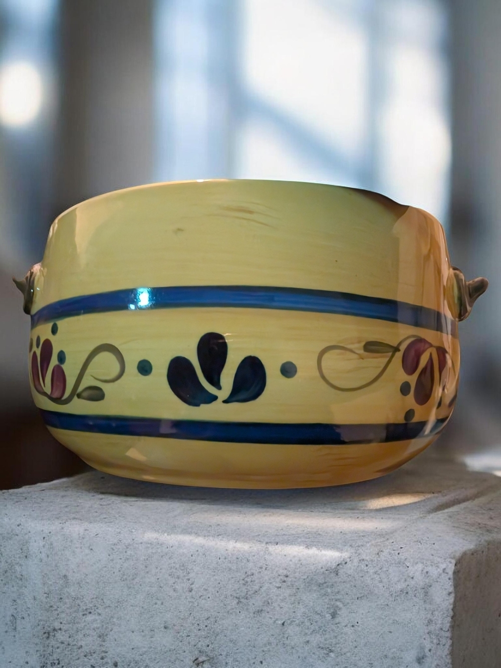 Hand-Painted Yellow Ceramic Decorative Planter with Blue Accents